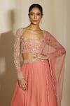 Buy_Shloka Khialani_Peach Georgette, Net Embroidery, Pearls Alyza Leaf Line Floral Lehenga Set _Online_at_Aza_Fashions