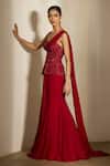 Shop_Shloka Khialani_Red Crepe, Net Embroidery Harper Peplum Corset Top And Fishtail Lehenga Saree _at_Aza_Fashions