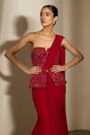 Shloka Khialani_Red Crepe, Net Embroidery Harper Peplum Corset Top And Fishtail Lehenga Saree _Online_at_Aza_Fashions
