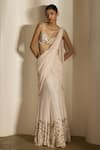 Buy Shloka Khialani Cream Georgette, Net Arla Hand Embellished Fan Flowers Pre-draped Saree And Blouse at Aza Fashions Buy_Shloka Khialani_Cream Georgette, Net Arla Hand Embellished Fan Flowers Pre-draped Saree And Blouse _at_Aza_Fashions