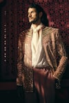 Shop_Papa Dont Preach_Pink Velvet, Satin, Regal Embellish Hand Embroidered Jacket Shirt And Pant _at_Aza_Fashions