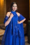 Shop_One Knot One By Ashna_Blue Georgette, Satin, Organza Sequins, Beads Hand Embroidered Tunic Sharara Set 