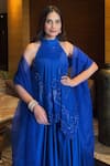 One Knot One By Ashna_Blue Georgette, Satin, Organza Sequins, Beads Hand Embroidered Tunic Sharara Set 