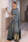 Geroo Jaipur_Blue Modal, Silk Zari, Tassels Block Printed Saree With Unstitched Blouse Piece _Online_at_Aza_Fashions