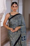 Shop_Geroo Jaipur_Blue Modal, Silk Zari, Tassels Block Printed Saree With Unstitched Blouse Piece _Online_at_Aza_Fashions