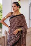 Geroo Jaipur_Brown Modal Zari Block Printed Saree With Unstitched Blouse Piece _at_Aza_Fashions