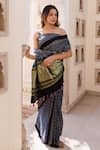 Shop_Geroo Jaipur_Blue Modal, Silk Zari, Tassels Block Printed Saree With Unstitched Blouse Piece _Online_at_Aza_Fashions
