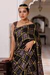 Shop_Geroo Jaipur_Black Modal, Silk Zari Ajrakh Checks Saree With Unstitched Blouse _Online_at_Aza_Fashions