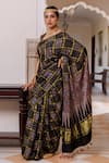 Geroo Jaipur_Black Modal, Silk Zari Ajrakh Checks Saree With Unstitched Blouse _at_Aza_Fashions