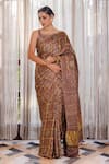 Buy_Geroo Jaipur_Brown Modal, Silk Zari, Foil Ajrakh Checks Saree With Unstitched Blouse Piece _at_Aza_Fashions