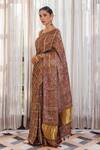 Geroo Jaipur_Brown Modal, Silk Zari, Foil Ajrakh Checks Saree With Unstitched Blouse Piece _at_Aza_Fashions
