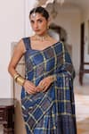Geroo Jaipur_Blue Modal, Silk Zari Ajrakh Checks Saree With Unstitched Blouse Piece _Online_at_Aza_Fashions