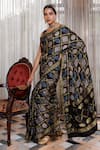 Geroo Jaipur_Black Modal, Silk Zari, Foil Checks Patterned Saree With Unstitched Blouse Piece _at_Aza_Fashions