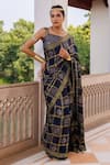 Buy_Geroo Jaipur_Blue Modal, Silk Zari Printed Checks Saree With Unstitched Blouse Piece _at_Aza_Fashions