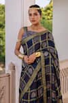 Geroo Jaipur_Blue Modal, Silk Zari Printed Checks Saree With Unstitched Blouse Piece _at_Aza_Fashions