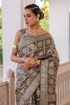 Geroo Jaipur_Grey Zari Checks Woven Saree With Unstitched Blouse Piece _at_Aza_Fashions