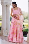 Shop_Geroo Jaipur_Pink Chiffon Embroidery, Sequins, Foil Hand Painted Mukaish Floral Lehenga Set _at_Aza_Fashions