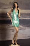 Shop_Asra_Green Lycra, Net Sequins V-neck Scallop Hand Embroidered Dress _Online_at_Aza_Fashions