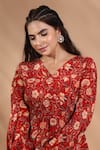 Shop_Shreya J Label_Red Crepe Embroidery, Sequins V-neck Floral Print Peplum Kurta And Pant Set 