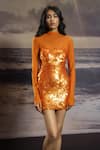 Buy_Asra_Orange Net, Lycra Sequins Square Neck Hand Embroidered Short Dress _at_Aza_Fashions