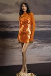 Shop_Asra_Orange Net, Lycra Sequins Square Neck Hand Embroidered Short Dress _at_Aza_Fashions