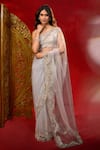 Buy_Azeera_Grey Net Embroidery, Beads Hand Saree With Unstitched Blouse Piece _at_Aza_Fashions