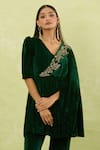 Shop_Samyukta Singhania_Green Velvet Embroidery V-neck Salli Hand Embellished Asymmetric Kurta Pant Set _Online_at_Aza_Fashions
