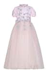 Buy_Pooja Wang_Pink Net Beads, Stones, Fabric Flowers Cleo Von Princess Puff Sleeve Gown _at_Aza_Fashions