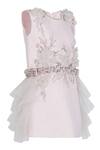 Pooja Wang_Pink Satin Crystals, Beads, Fabric Flowers, Ruffles Dorothea Floral Dress _Online_at_Aza_Fashions