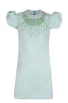 Buy_Pooja Wang_Aqua Satin Beads, Stones Sea Foam Floral Embellished Dress _at_Aza_Fashions
