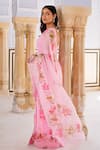 Geroo Jaipur_Pink Chiffon Foil Printed Pre-draped Saree With Unstitched Blouse Piece _Online_at_Aza_Fashions