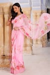 Buy_Geroo Jaipur_Pink Chiffon Foil Printed Pre-draped Saree With Unstitched Blouse Piece _Online_at_Aza_Fashions