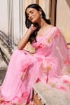 Shop_Geroo Jaipur_Pink Chiffon Foil Printed Pre-draped Saree With Unstitched Blouse Piece _Online_at_Aza_Fashions