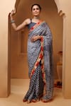 Buy_Geroo Jaipur_Grey Silk Lace Bandhani Pattern Pre-draped Saree With Unstitched Blouse Piece _at_Aza_Fashions