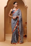 Geroo Jaipur_Grey Silk Lace Bandhani Pattern Pre-draped Saree With Unstitched Blouse Piece _at_Aza_Fashions