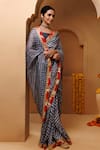 Shop_Geroo Jaipur_Grey Silk Lace Bandhani Pattern Pre-draped Saree With Unstitched Blouse Piece 