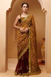 Geroo Jaipur_Brown Silk Bandhani Print Pre-draped Saree With Unstitched Blouse Piece _Online_at_Aza_Fashions