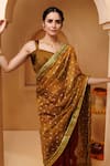 Shop_Geroo Jaipur_Brown Silk Bandhani Print Pre-draped Saree With Unstitched Blouse Piece _Online_at_Aza_Fashions
