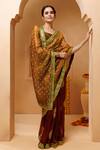 Geroo Jaipur_Brown Silk Bandhani Print Pre-draped Saree With Unstitched Blouse Piece _at_Aza_Fashions