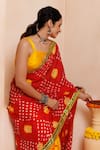 Geroo Jaipur_Red Silk Zari Bandhani Print Pre-draped Saree With Unstitched Blouse _Online_at_Aza_Fashions