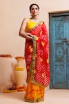 Shop_Geroo Jaipur_Red Silk Zari Bandhani Print Pre-draped Saree With Unstitched Blouse _Online_at_Aza_Fashions
