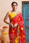 Geroo Jaipur_Red Silk Zari Bandhani Print Pre-draped Saree With Unstitched Blouse _at_Aza_Fashions
