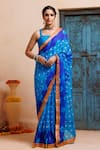 Buy_Geroo Jaipur_Blue Silk Zari Bandhani Print Pre-draped Saree With Unstitched Blouse _at_Aza_Fashions