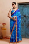 Geroo Jaipur_Blue Silk Zari Bandhani Print Pre-draped Saree With Unstitched Blouse 