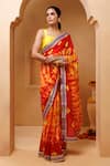 Geroo Jaipur_Red Silk Metallic Thread Printed Pre-draped Saree With Unstitched Blouse _at_Aza_Fashions