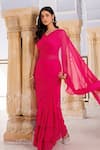 Geroo Jaipur_Pink Chiffon Ruffles Pre-draped Saree With Unstitched Blouse Piece _Online_at_Aza_Fashions