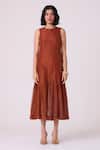 The Summer House_Brown Chanderi Round Neck Nadya Handwoven Midi Dress _Online_at_Aza_Fashions