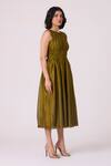The Summer House_Green Chanderi Round Neck Timur Gathered Handwoven Dress _Online_at_Aza_Fashions