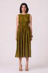 Buy_The Summer House_Green Chanderi Round Neck Timur Gathered Handwoven Dress _Online_at_Aza_Fashions
