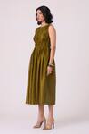 The Summer House_Green Chanderi Round Neck Timur Gathered Handwoven Dress _at_Aza_Fashions